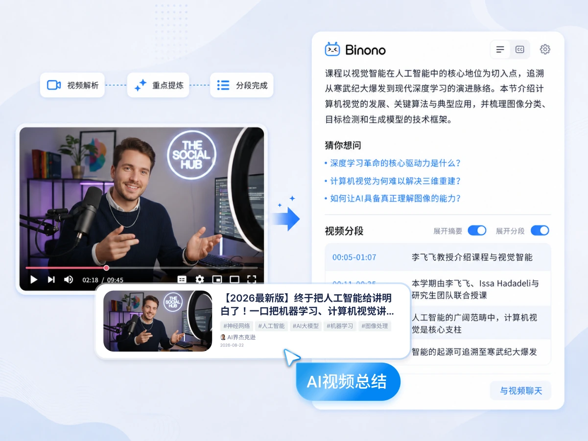 Binono 视频总结功能预览：视频解析、内容提炼、视频分段与 AI 视频总结